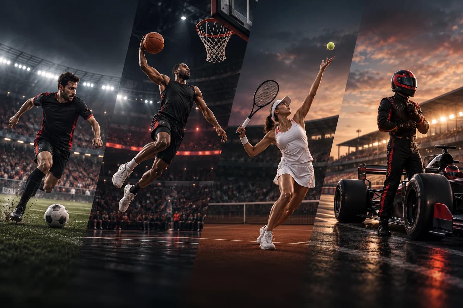 Original illustration of football, basketball, tennis and motorsport in a dramatic stadium setting